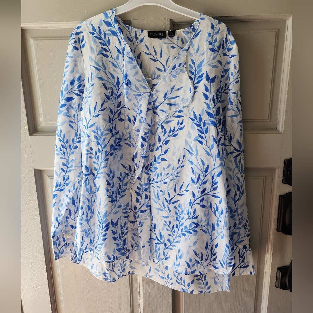 Carlisle lightweight blue and white spring blouse cotton silk women's size 12